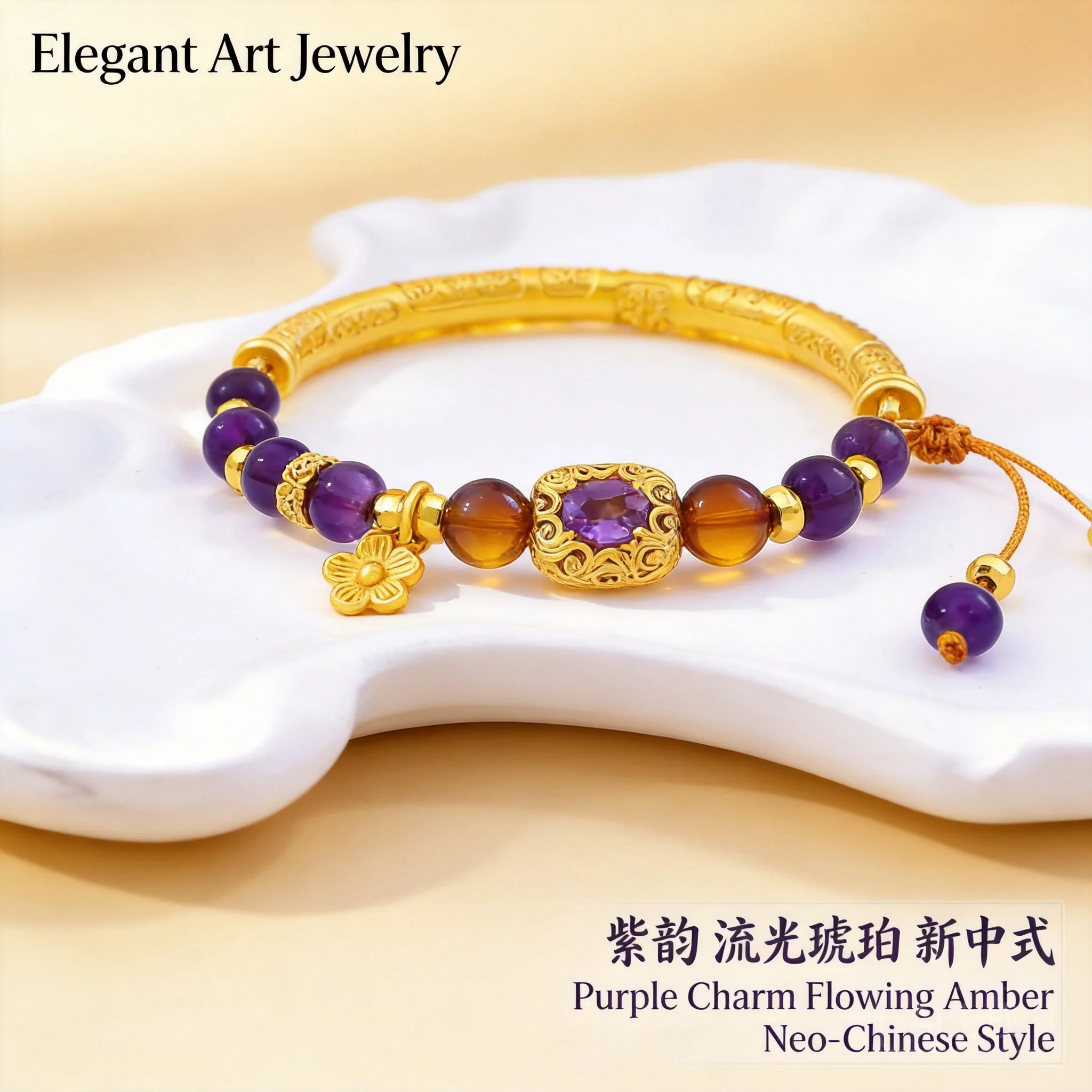 Pulsera de media caña chapada en oro con amatista estilo chino para mujer, ajustable, con cuentas moradas, de la suerte, para la fortuna y la riqueza, a la moda.
