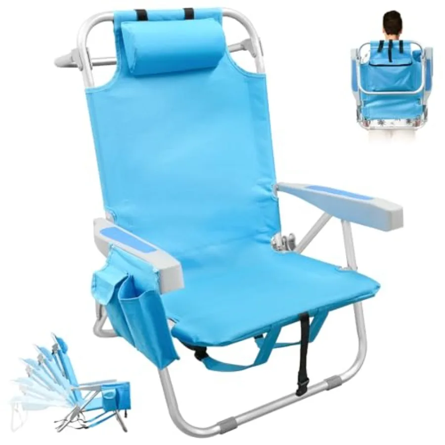 

Backpack Beach Chairs for Adults, Heavy Duty Compact Portable Lay Flat Folding Chair with Backpack Straps and Large Pocket, 5 P