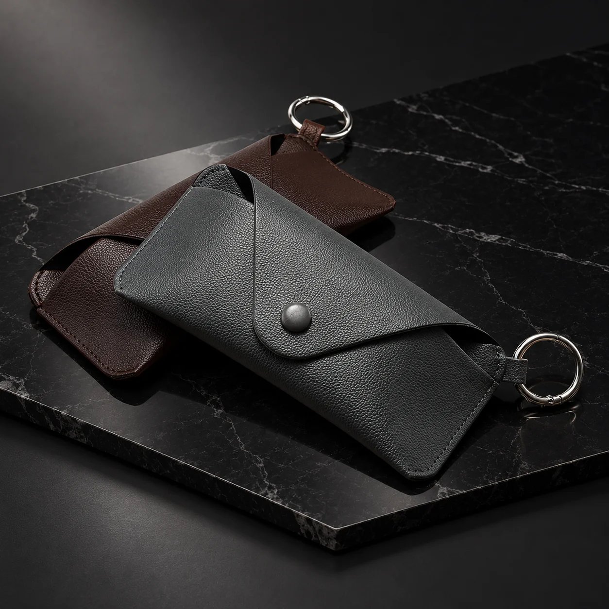 1pc Portable Soft PU Leather Glasses Pouch with Key Ring Snap Button Envelope Style Eyeglass Bag for Men Women Daily Travel Use