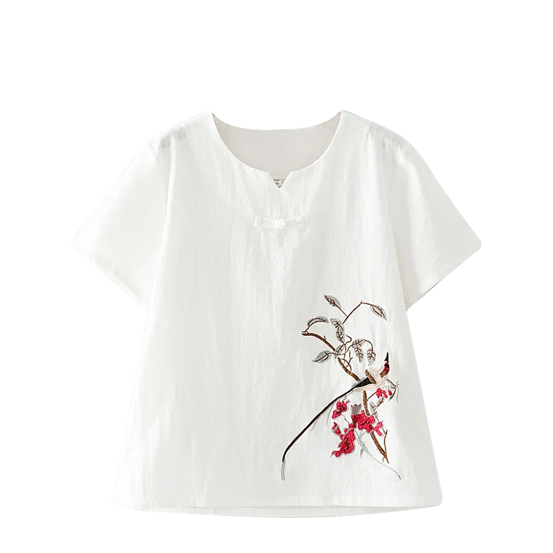 Women's Linen Cotton Blend V-Neck Frog Button Embroidered Retro Chinese Style Blouse Short Sleeve Summer Wear for Adults