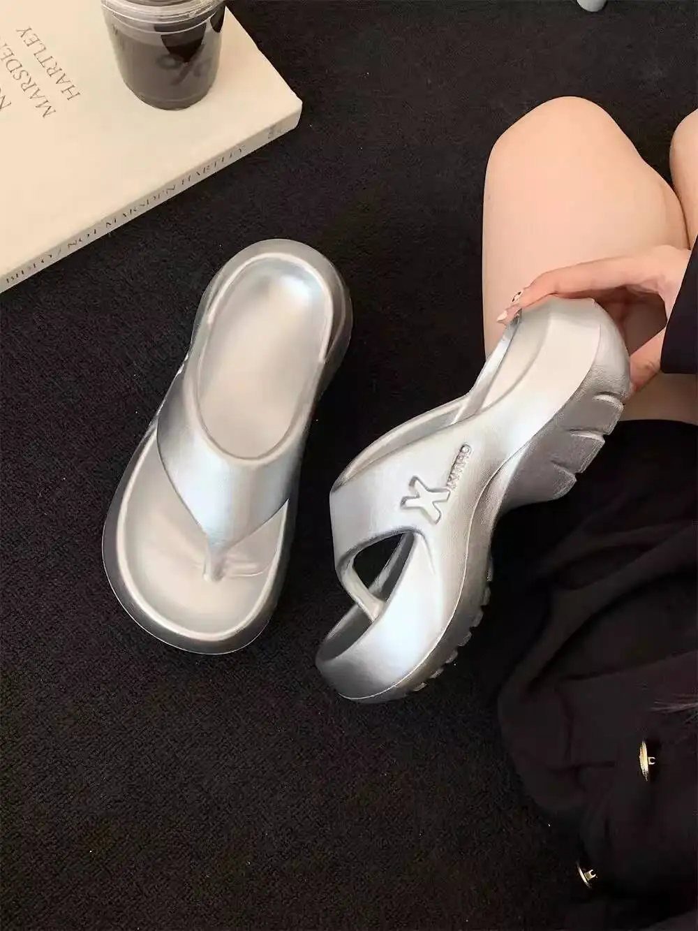 Women's Slippers 2026 Spring Summer Silver Flip Flops High Heel Elevated Fashion Non Slip Beach Clip Toe Sandals