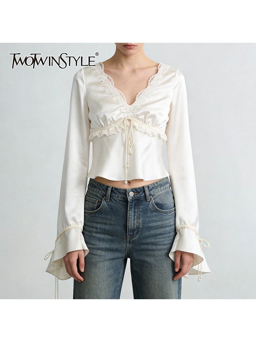

TWOTWINSTYLE Elegant Spliced Lace Sexy Short Blouses for Women V Neck Long Sleeves Tunic Patchwork Bowknot Blouse Female Fashion