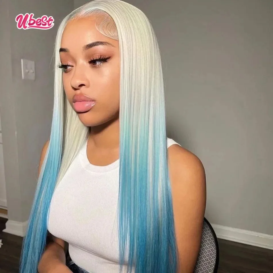 13x6 Ombre 613 Sky Blue Straight Lace Front Human Hair Wig 180%Density Brazilian Body Wave Transparen Lace Frontal Wig For Women