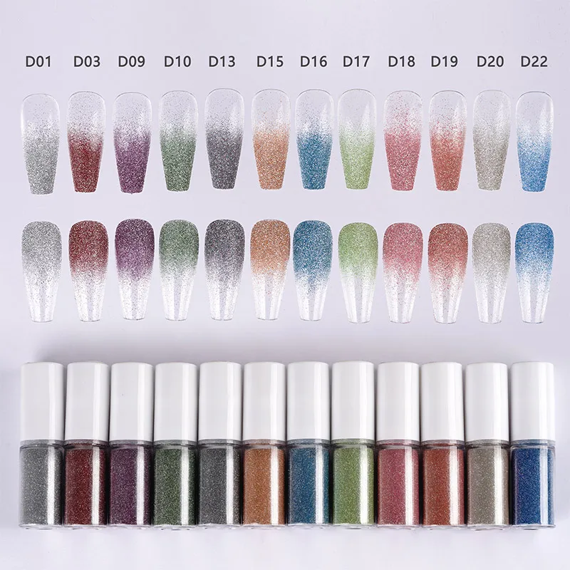 Pulverizador de pó de diamante para mulheres, 12 cores gradientes, aurora, rosa fada, brilho, decoração de unhas, novo