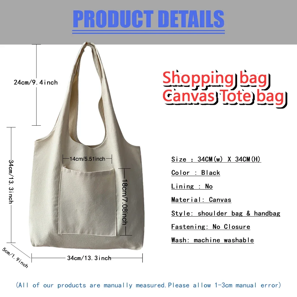 Ladies Shopping Bag White Unisex Travel Canvas Bags Eco Foldable Shoulder Bag Simple Letter Print Fashion Student Tote Bag