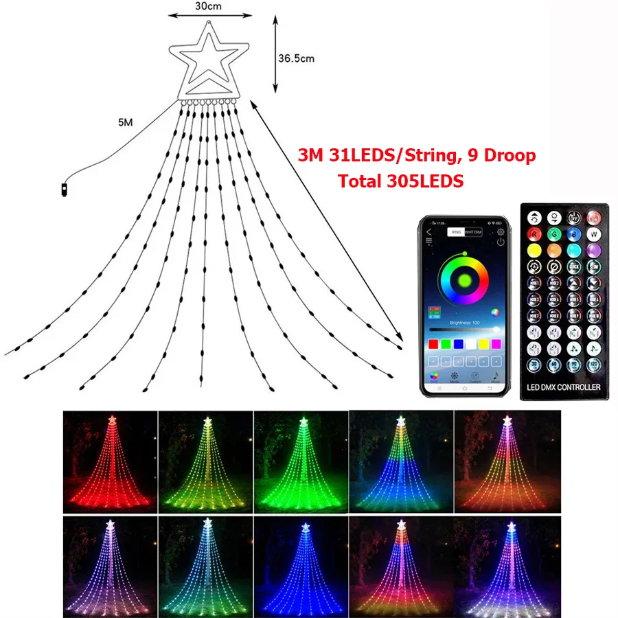 Tira de luces LED de 9x3m para decoración navideña, accesorio con Control por aplicación, con forma de estrella y Cascada, para árbol, vacaciones y Dec, 305 LED