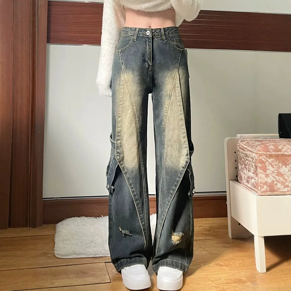 American High Street Style Fashion Men's Black Blue Spliced Casual Trendy Simple Basic Loose High Waist Jeans Pants Male Clothes