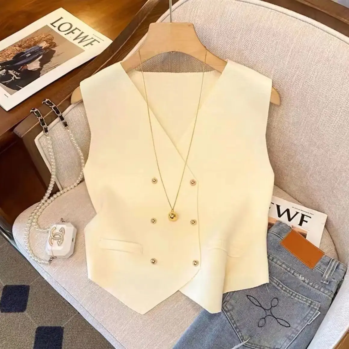 سترة تويد للنساء مزدوجة الصدر ورقبة على شكل V مستوحاة للخريف بطبقة أنيقة مصممة أوروبية بدون أكمام #6