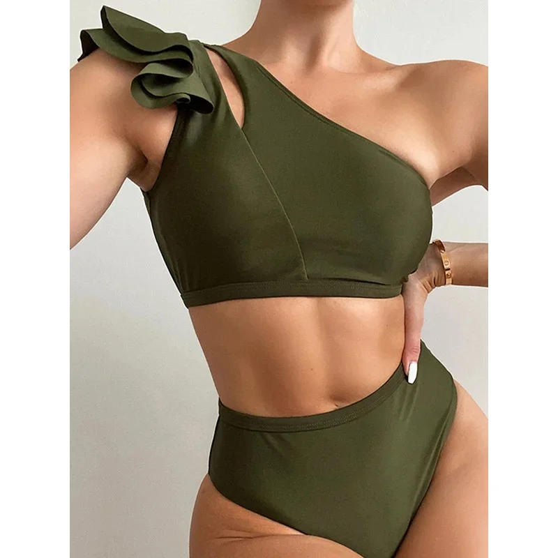 One Shoulder Bikinis 2026 Women Ruffle Swimsuit Solid High Waist Swimwear Female Padded Bathers Bathing Swimming Suit Beachwear