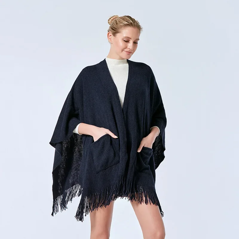 

Spring Autumn Pocket Shawl Cloak Women Air conditioning Room European American Office Pocket Shawl Warm Multi-purpose Wear Navy