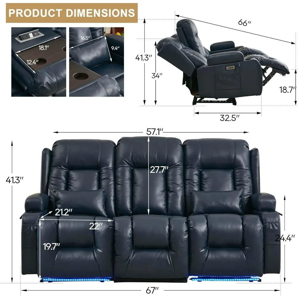 Recliner Sofa, LED Ambient Light, Flipped Middle Backrest/Bluetooth Speakers/USB/Built-in Outlets, Faux Leather Theater Seating