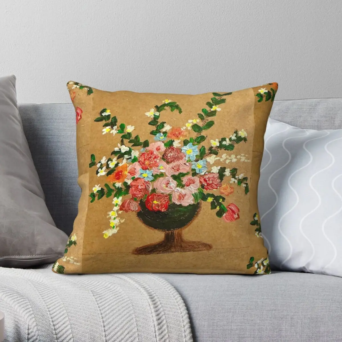 Flowers Arranged In Brown Urn Square Pillowcase Polyester Linen Velvet Creative Zip Pillow Case Sofa Seater Cushion Case 45x45