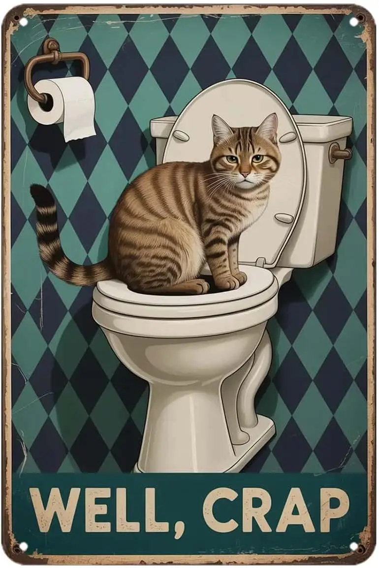 Funny Cat Toilet Bathroom Tin Sign Well Crap Tabby Cat Vintage Metal Signs Wall Decor for Kitchen Bar Cafe Bedroom Home Patio Ou