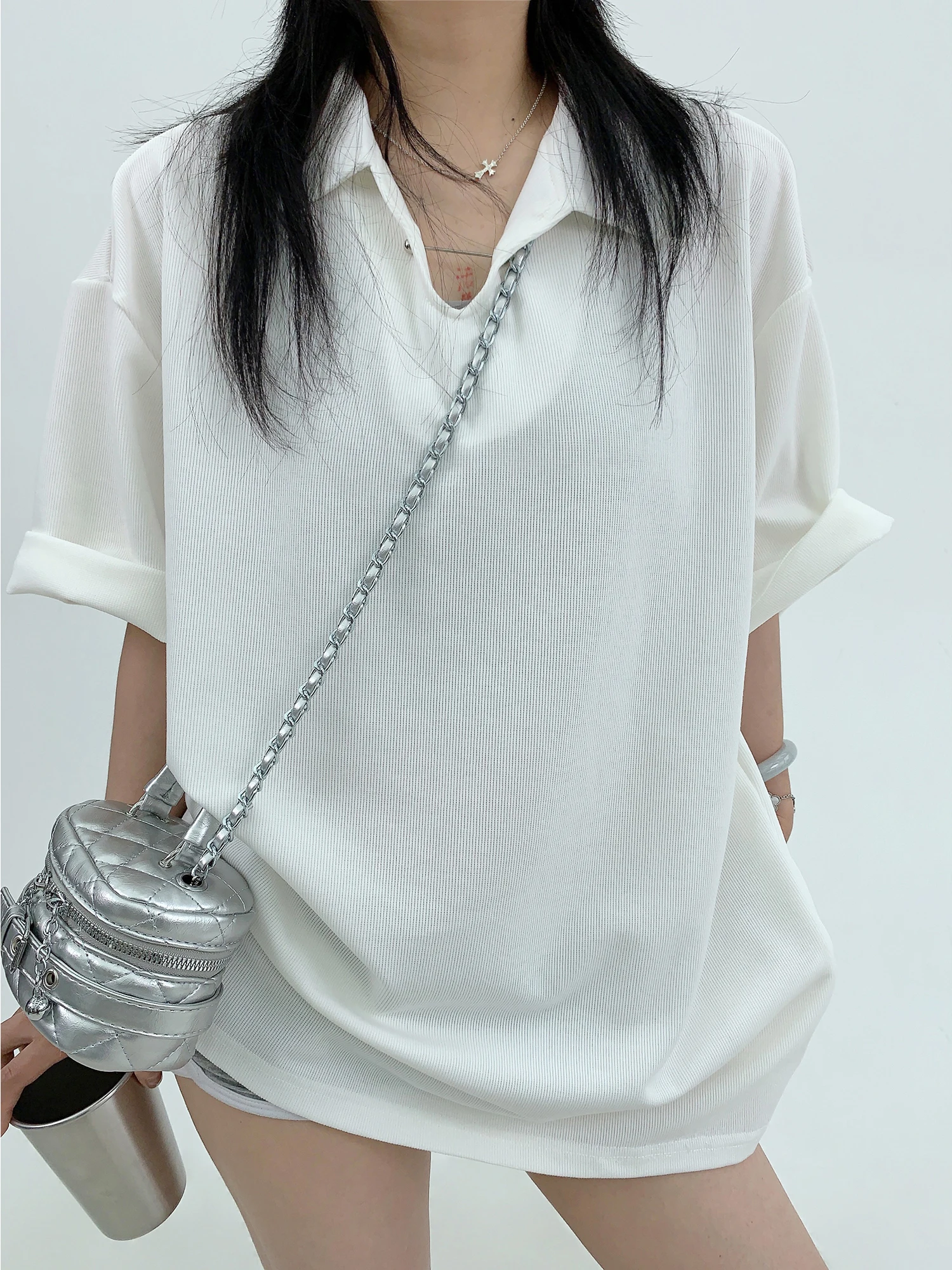 

Casual Loose Women's T-irt V-Ne ort Sve Pure Color Summer Lazy Couple White Top Faionable Polyester Cotton Blend