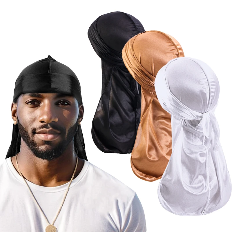 3PCS/LOT Long Durag Silk Satin Bandanas Cap Turban Hat Wigs Biker Headwrap Chemo Cap Pirate Hat Men Women Hair Accessories