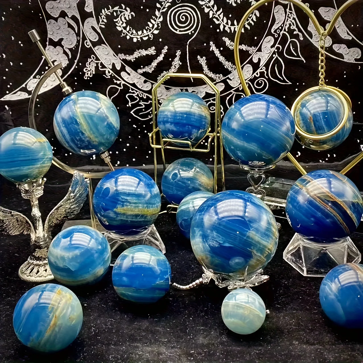 1pc Deep Blue & Brown Marble-like Polish Spherical Ball - Natural Onyx Stone Sphere with Smooth Surface