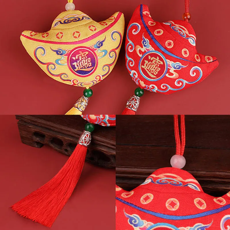 10pcs/Lot 8*9cm Red Yellow Hand-stitched Chinese Yuanbao Money Shaped Pendant Vintage Tassel Lucky Embroidery Sachet Bag