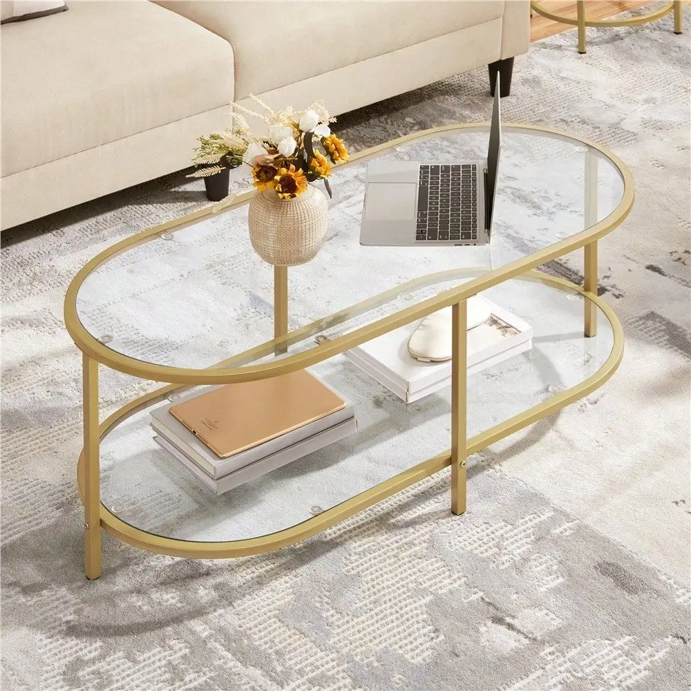 

1pc Modern Tempered Glass Oval Coffee Table With Storage, Minimal 2Layer Center Table With Metal Frame, Tea Table For Living Ro