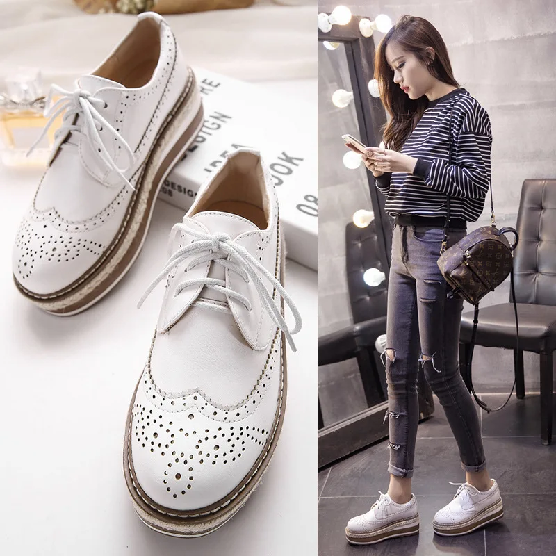 Women Loafers Shoes Leather Thick Heels Oxford Shoes Female Lace Up British Style Lady Formal Bullock Shoes Platform Espadrilles