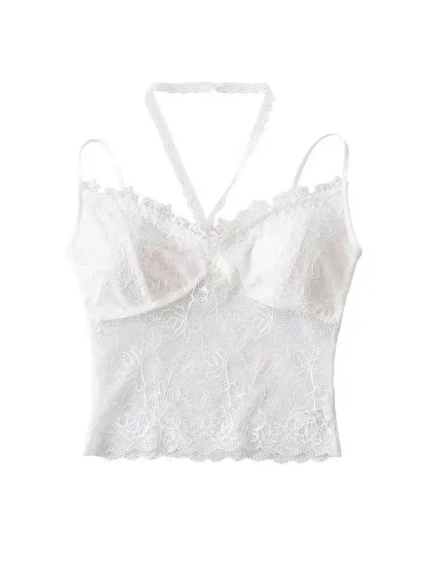 Sexy Hollow out ort Crop Top Women's Street Sle Hanging Ne Strap Vest Inner Wear Beautiful Ba Lace Trim Hanging Ne
