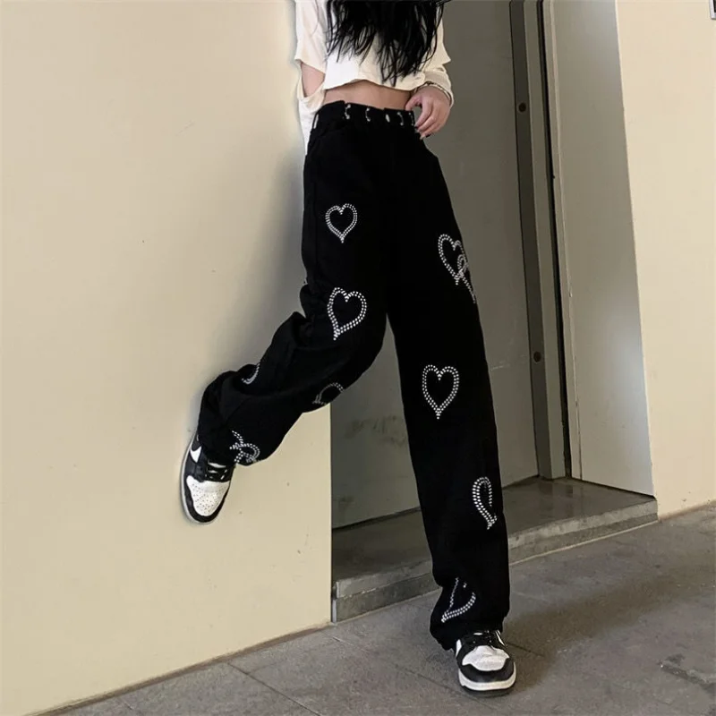 Streetwear Fashion Women Black Wide Leg Jeans Spring Autumn Korean Casual Pants Hip Hop Harajuku Caring Loose Straight Trousers