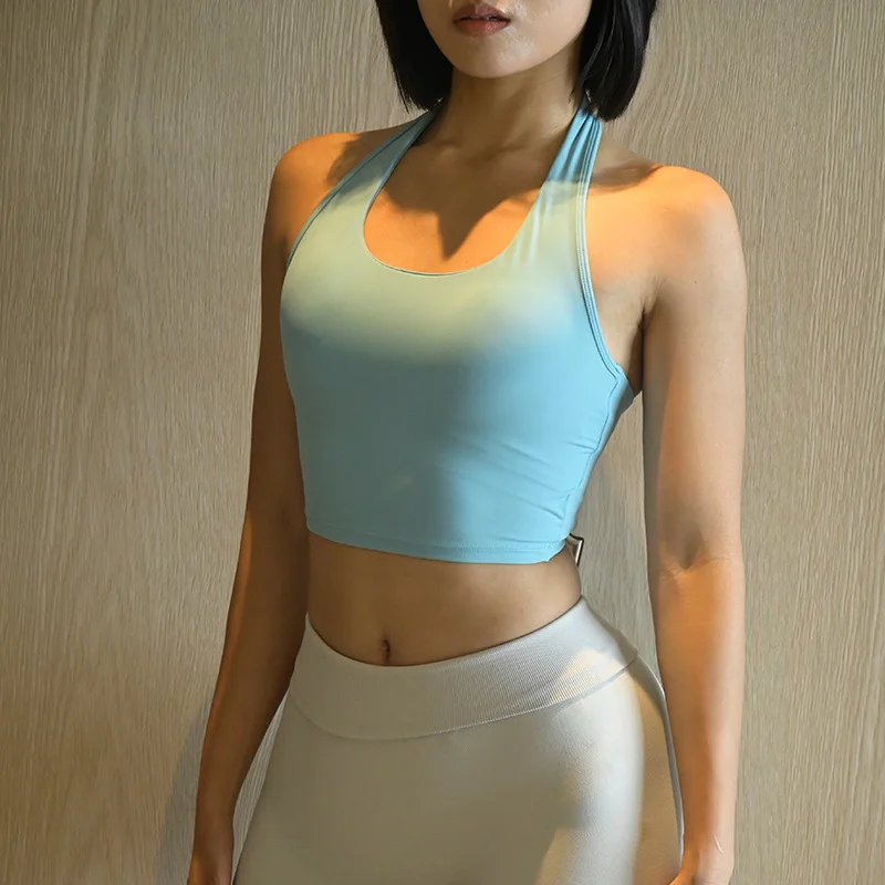Sports Underwear Women with Chest Pad Halter Neck Cross Yoga Beautiful Back Training Running Vest Style Gathering Fitness Bra