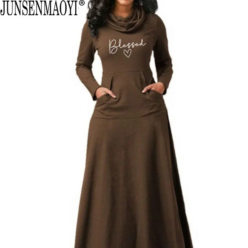 Blessed Letter Print Dress Fashion Women With Pocket Long Sleeve Christian 90s Girl Aesthetic Faith Jesus dresses Long Elegant