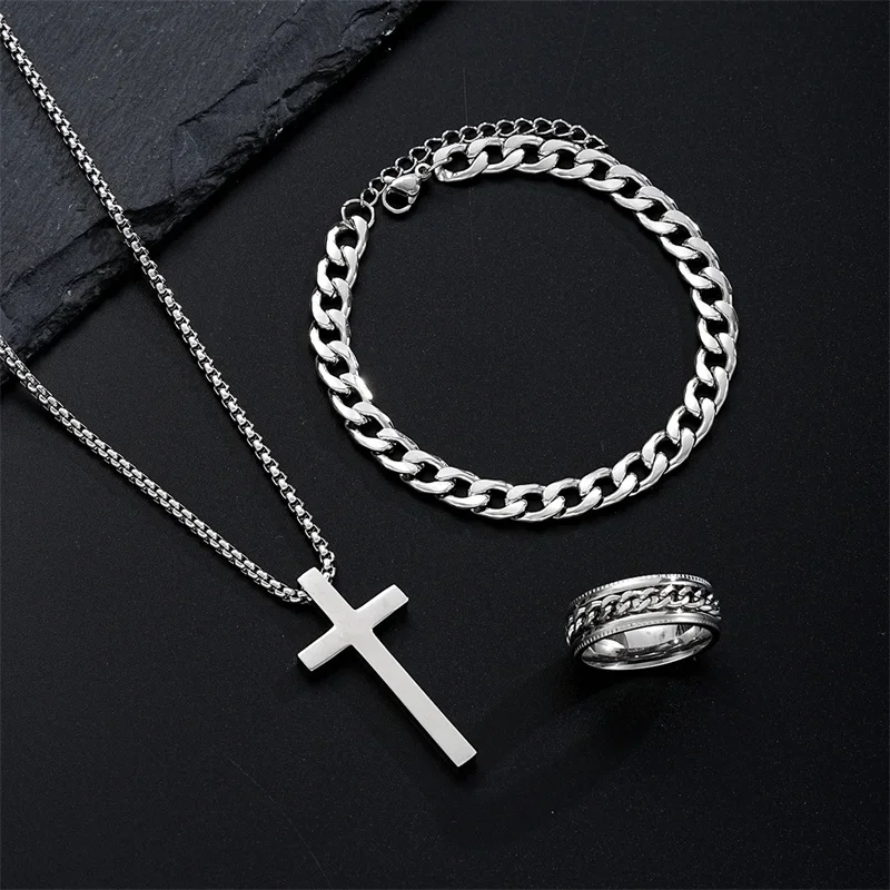 New Stainless Steel Cross Pendant Necklace for Men Women Minimalist Jewelry Set Male Female Necklaces Chokers Silver Color