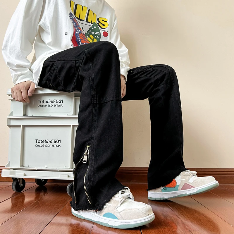 

Мужские джинсы Rivet Design, весна-осень, повседневные, с высокой талией, прямые штанины, смесь хлопка и полиэстера, износостойкие, модный бренд