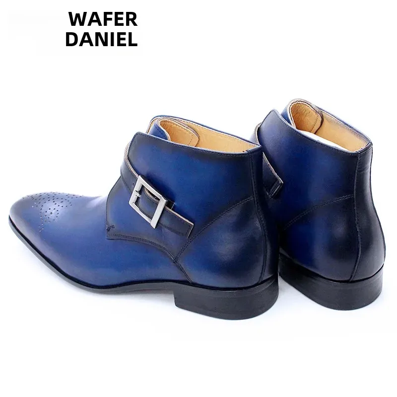 Luxury Men\'s Genuine Leather Ankle Boots Black/Blue Pointed Toe Slip-On Dress Shoes with Buckle Strap Casual Basic Style