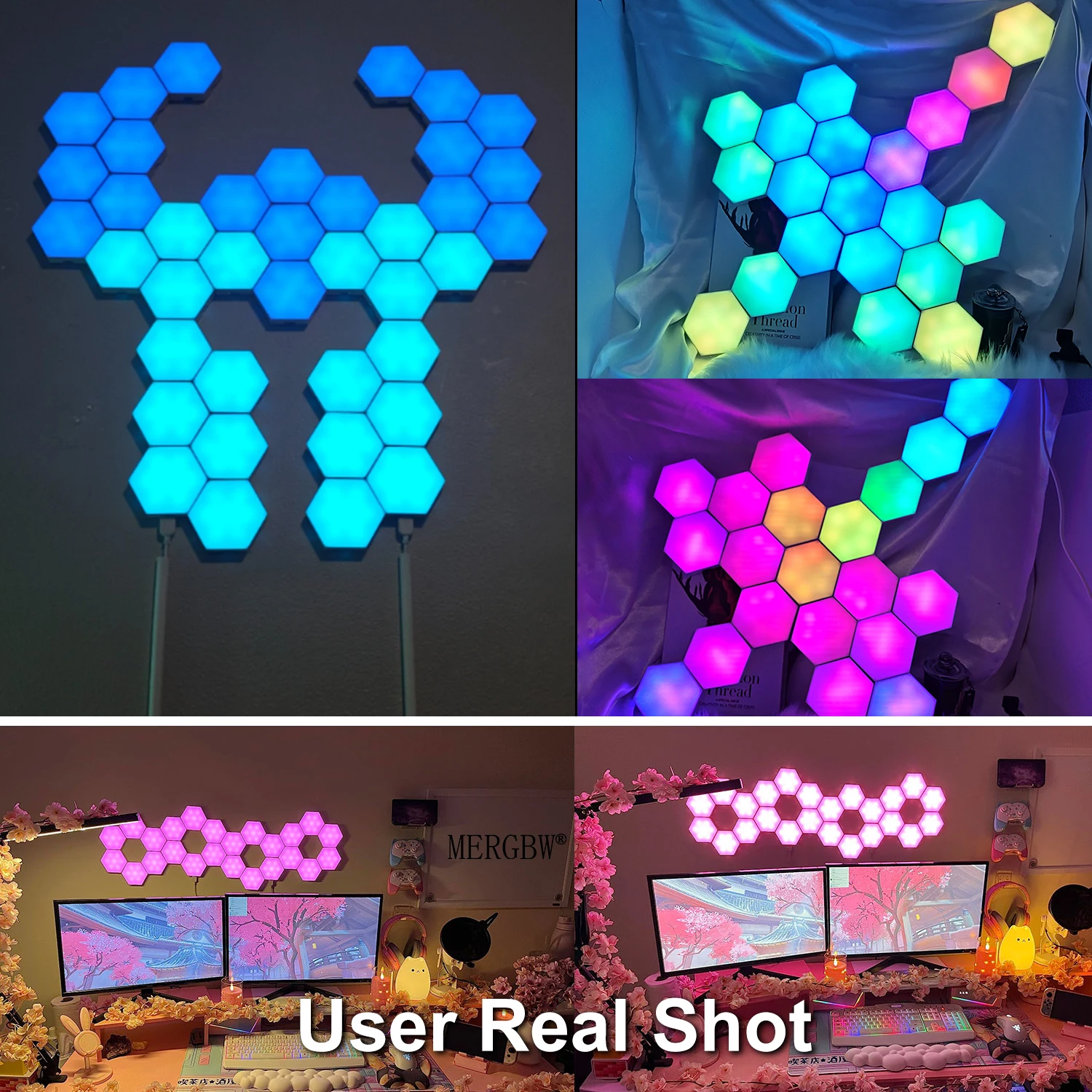 RGB Intelligent Hexagonal Wall Lamp Color Changing Ambient Night Light Hexagona Shape MeRGBW APP DIY Music Sync Game Room Home