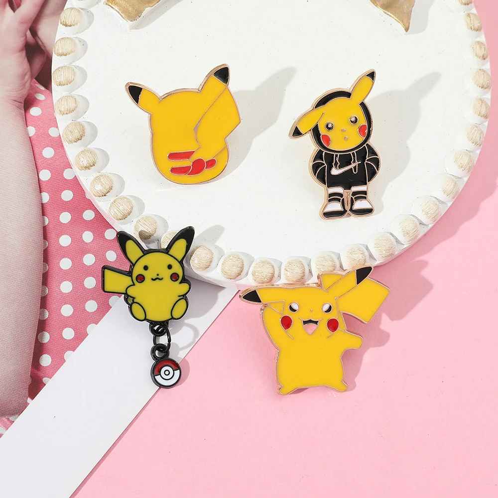 4 pcs Hoodie Pikachu Brooch Fashion Elf Ball Mouse Hello Enamel Lapel Pin Metal Badge Backpack Clothing Jewelry