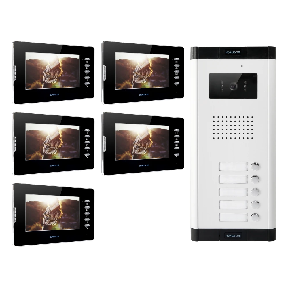 7" TFT Video Door Phone Intercom System with Night Vision Camera – 5-Apartment Multi-Tenant Home Security Intercom Kit