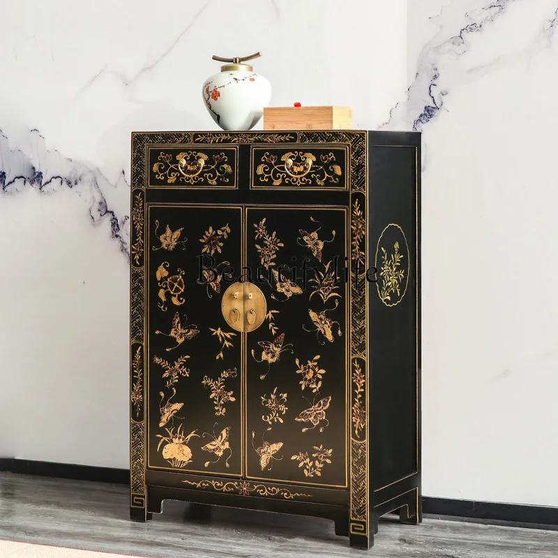 New Chinese Style Shoe Cabinet Gold Furniture Painted Hallway Decoration Solid Wood Hand Painted Home Cabinet Complete Set