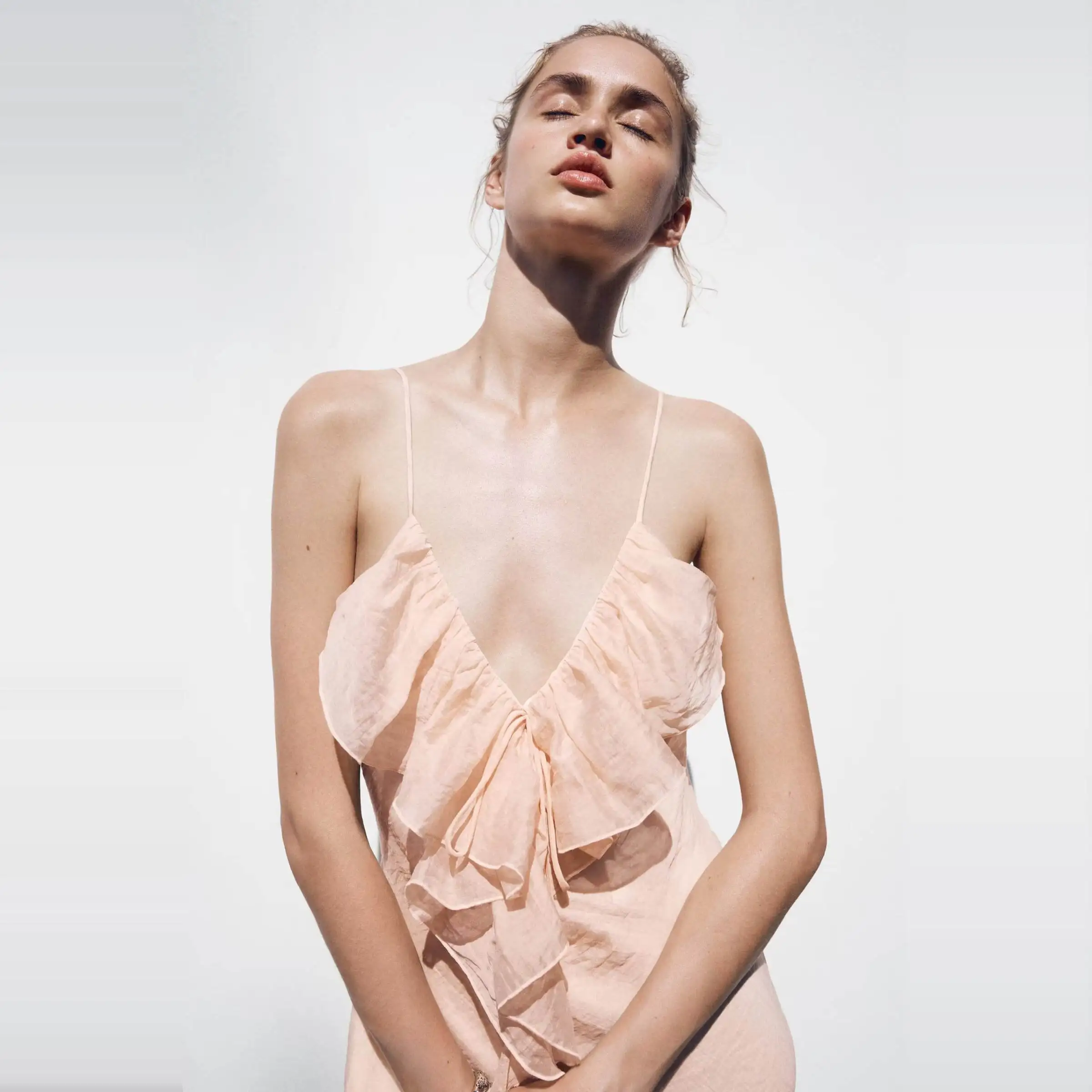 ZBZR Primavera Novo Vestido Midi F Sem Alças Estilo Roupa Íntima Decorativo Em Camadas F E Cintura Alta ...