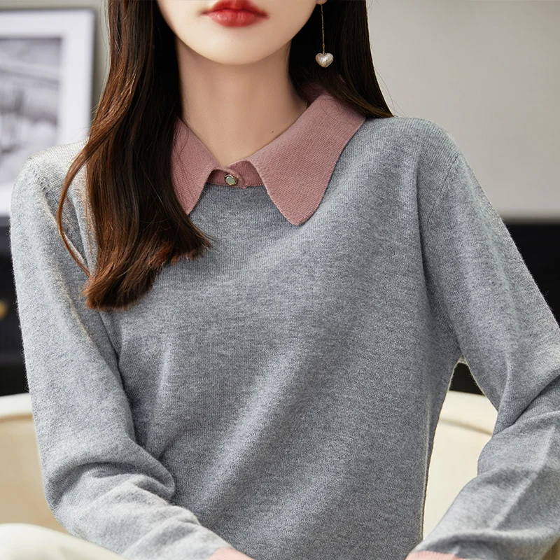 Women 100% Merino Wool Knit Pullovers 2022 Autumn Winter POLO Collar Sweater Female Loose Warm Soft Shirt Long Sleeve Jumper