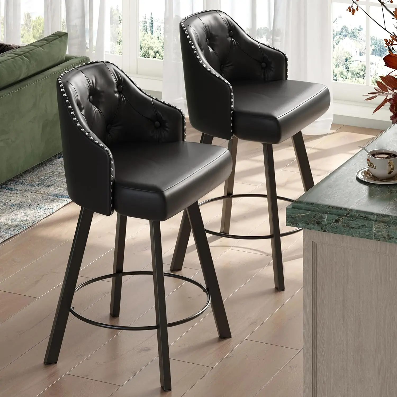 

26“ Black Swivel Bar Stools Set of 2, Counter Height Bar Stools with Backs and Arms, Faux Leather Kitchen Island Chairs
