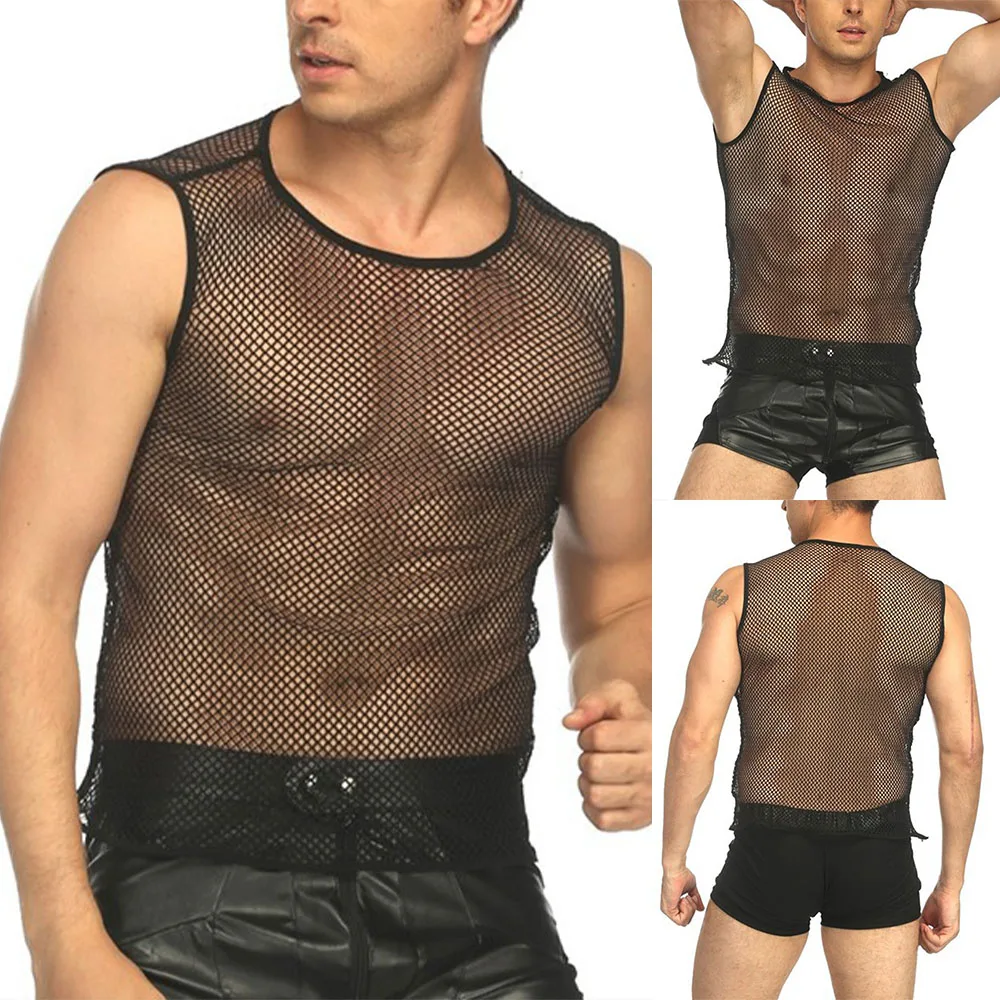 New Men Sexy Tank Top Transparent Mesh Undershirt Fishnet Vest String Sleeveless Shirts Male Night Clubwear Slim Sport