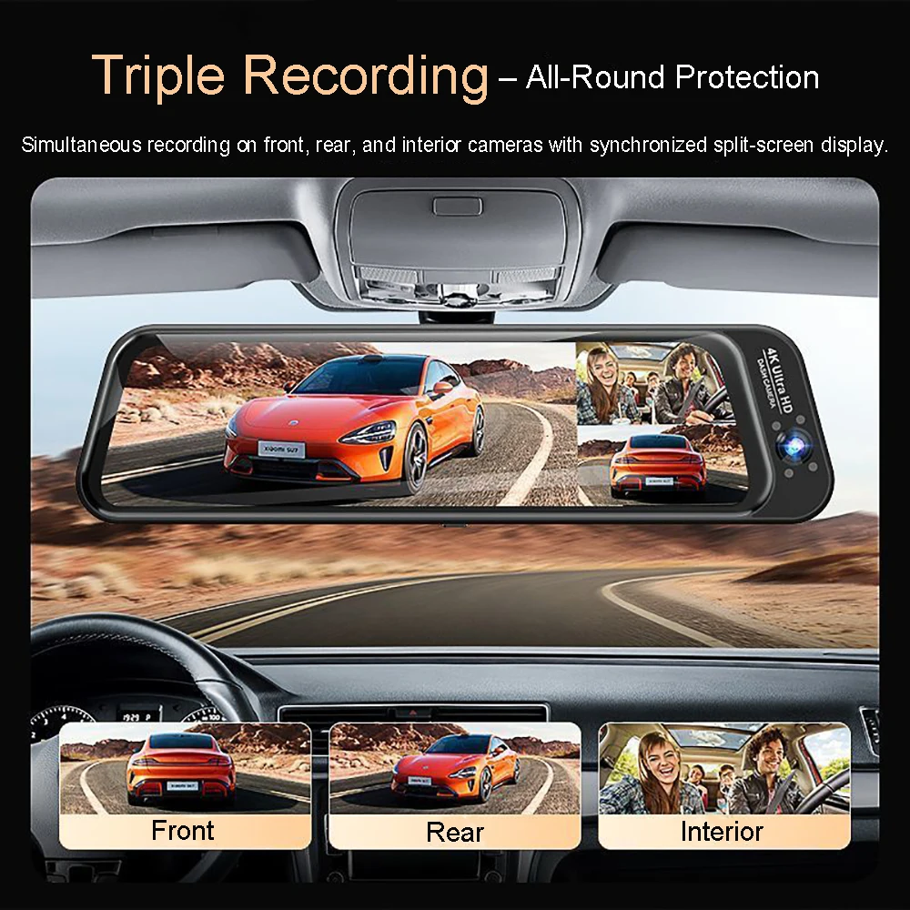 3Lens Fisheye Streaming Dash Cam 4K Full Touch Screen APP Control 24H Parking Mode Motion G Sensor Time Lapse Privacy Recording