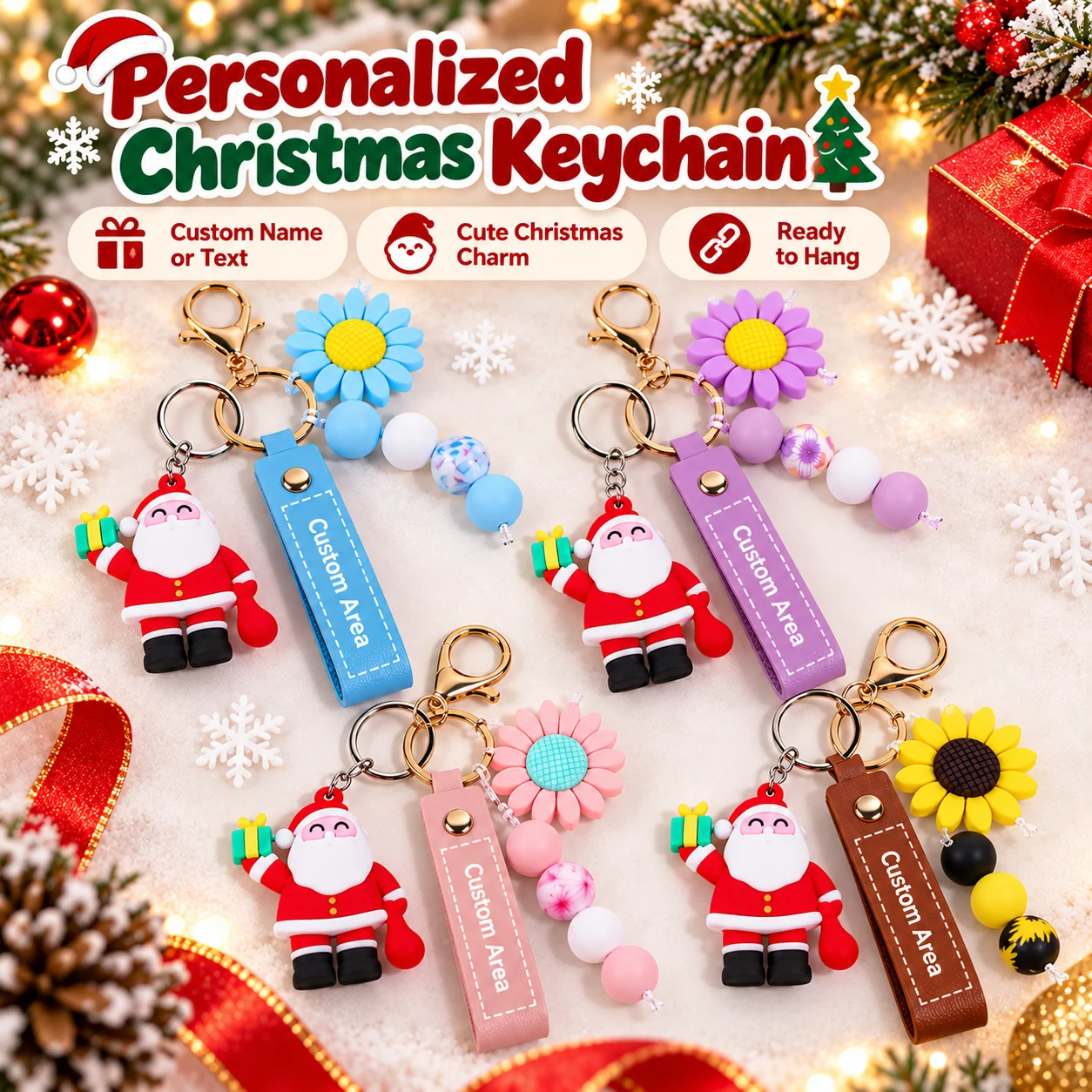 Custom Keychain With Name Logo Text PU Leather Strap Santa Claus Daisy Pendant Personalized Key Ring Gift for Friends