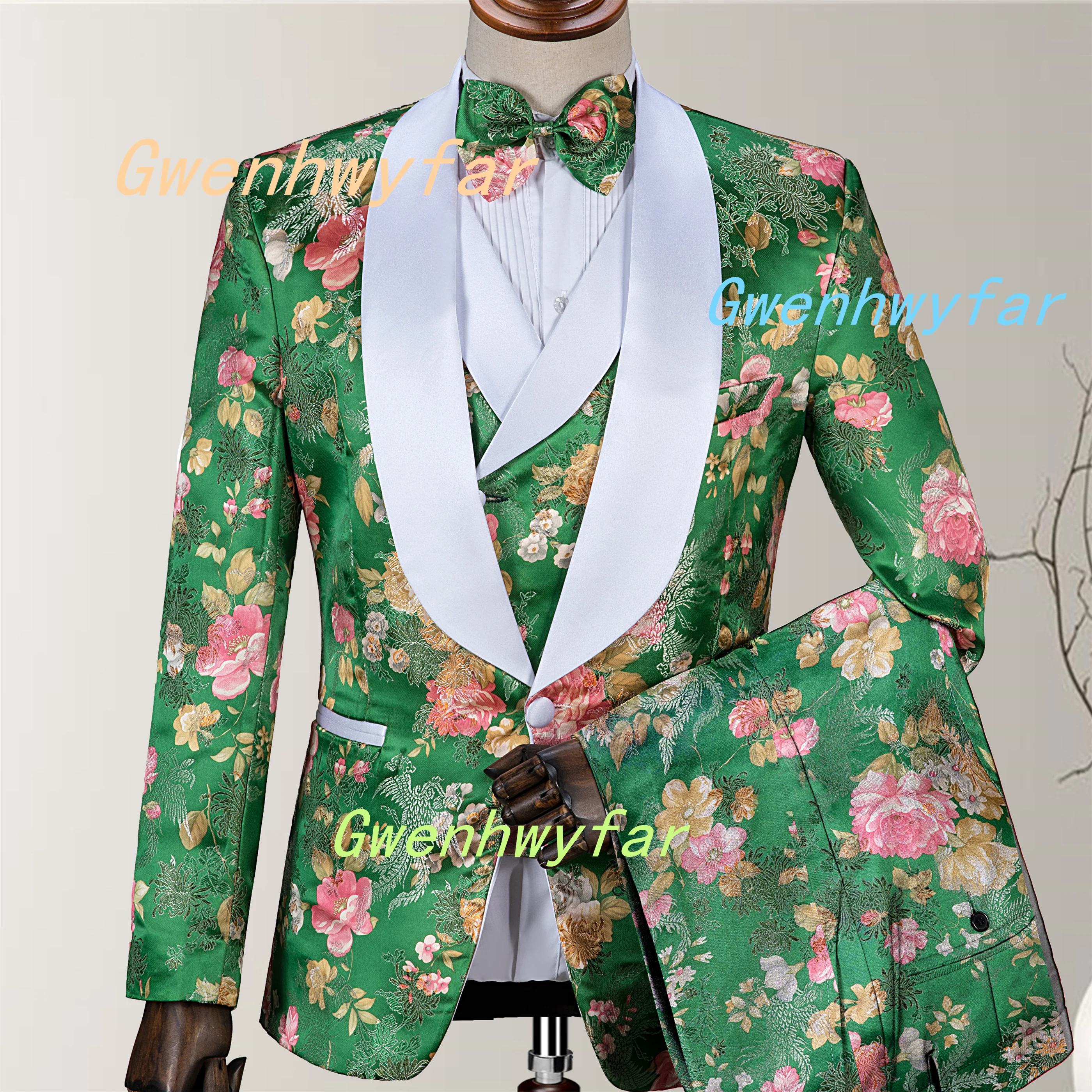 Nina Store Colorful Embroidered Suit Green Yellow Lapel Single Breasted Tuxedo 2025 New Ball Suit, including jacket, pants, vest