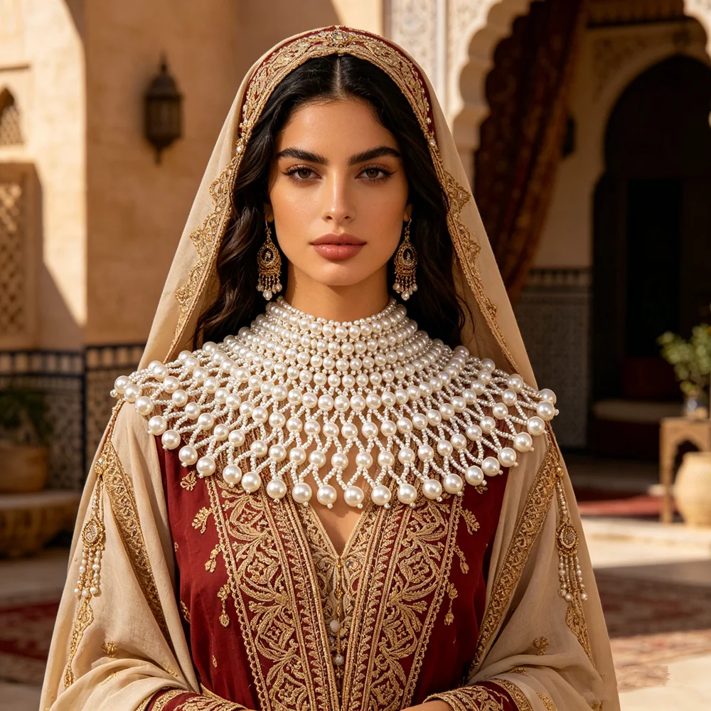 Handmade Multi-Layered Bridal Shawl with Imitation Pearl Tassel Moroccan Wedding Party Ladies Shoulder Accessory