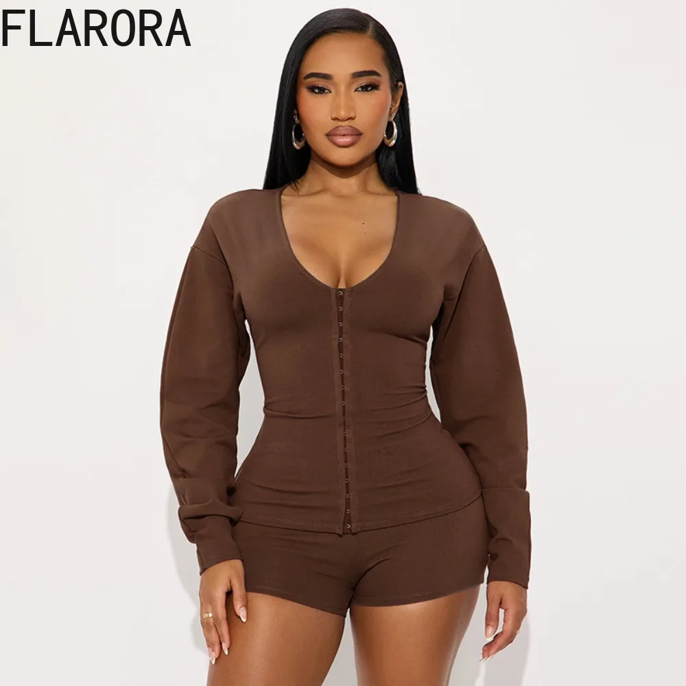 

FLARORA Fall Casual Simple 2 Pcs Set Woman V-Neck Single Breasted Long Sleeve Slim Crop Tops And Skinny Shorts Street Tracksuits