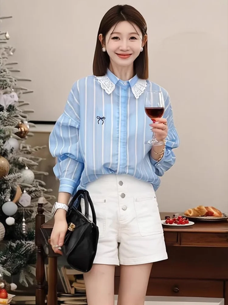

Women Shirt 2025 Spring Summer New Blue Striped Lace Blouse Fashion All Match Short Ladies Tops