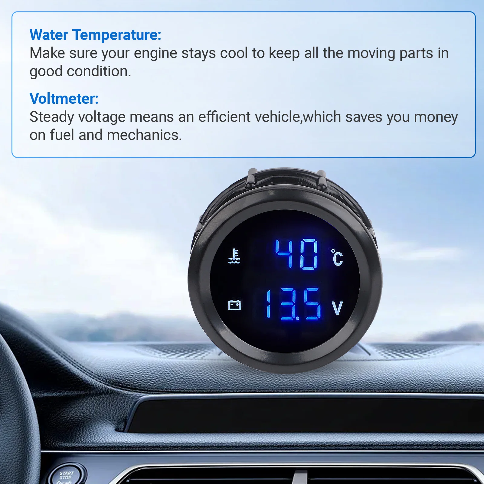 CNSPEED 2' 52mm 2 in 1 Car Digital Water Temp Gauge＆Voltmeter 12V/24V Tachometer Car Oil Pressure Gauge with Temp Sensor 1/8NPT