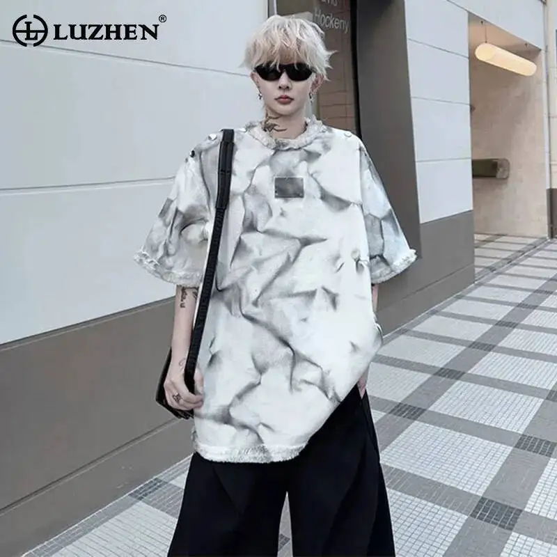 LUZHEN Tie-dyed Loose Sleeve T-shirts Original 2025 Short Men's Summer Street Fashion Shoulder Pad Round Neck Male Tops JY7296
