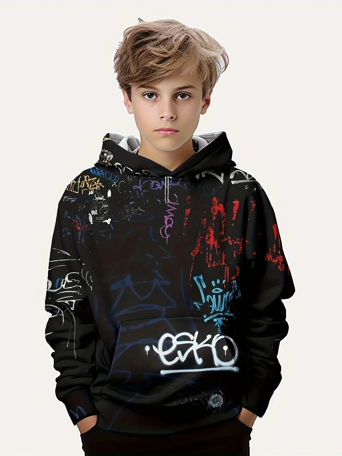 

Fashionable Graffiti 3d Print Hoodies For Boys - Casual Graphic Design With Stretch Fabric For Comfortable Autumn_winter Wear