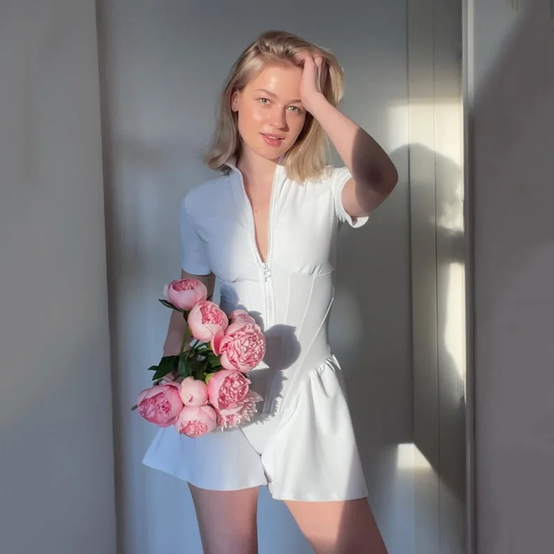 

White sexy tight skirt onesie autumn new women's crew neck short-sleeved zipper bottoming shirt party sexy temperament elegant h