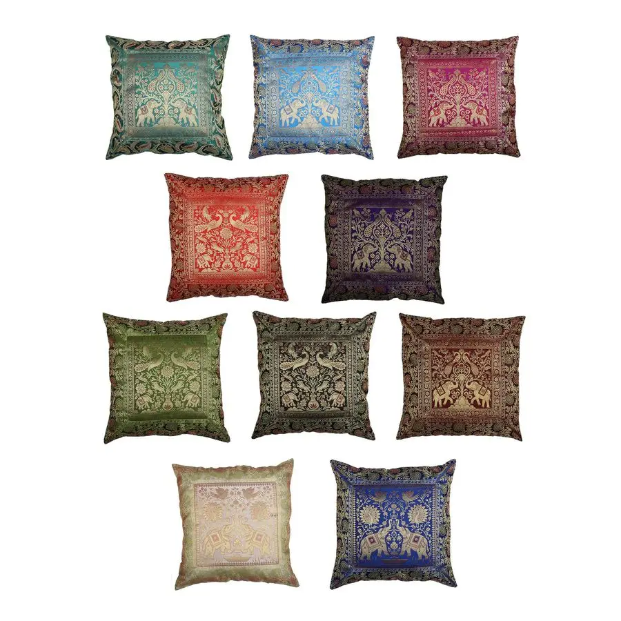 

Ethnic Pillow Covers Set of 10 Bohemian Silk Accent Peacock Sofa Cushions Kantha Home Decor 16x16 Inches