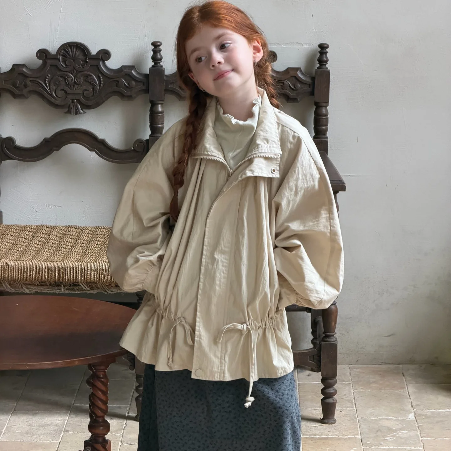 Korean Children's Clothing 2026 Autumn New Girls' Coat Solid Casual Medium Long Windbreaker